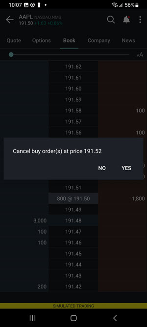 The BookTrader order types on the Android Phone